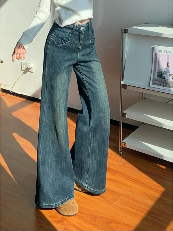 

Американские ретро-джинсы с высокой талией, свободные, широкие, женские, зимние, расклешенные, с эффектом потертости, прямого кроя, длиной в пол, струящиеся брюки