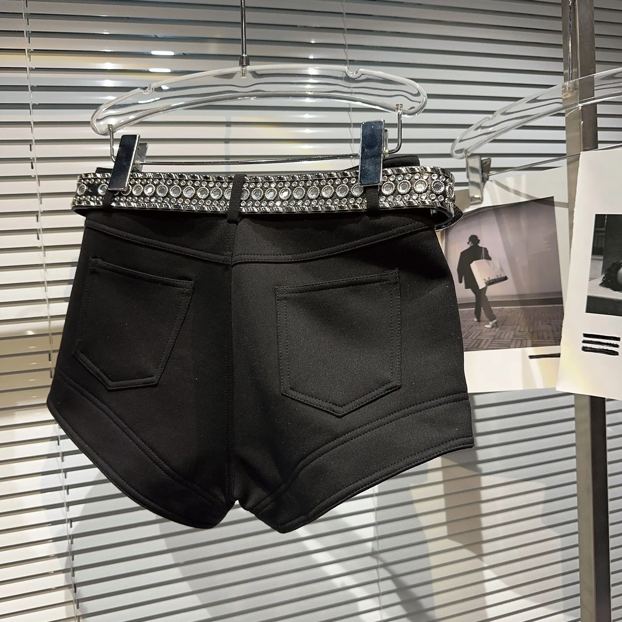 k Sle Heavy Work Cinto de strass de partículas grandes Design ort orts Super ort Calças para mulheres da moda Perna reta Casu...