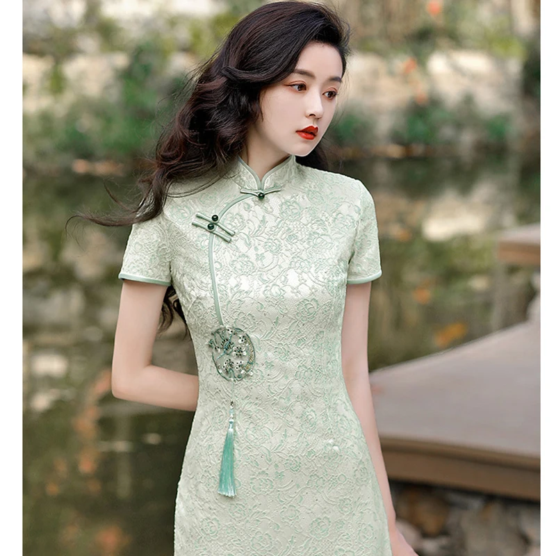 Wedding Cheongsam Short Sleeve Vintage Improved Women Summer Lace Dress Slim-fit Traditional Chinese Style Qipao Dress S To 4XL