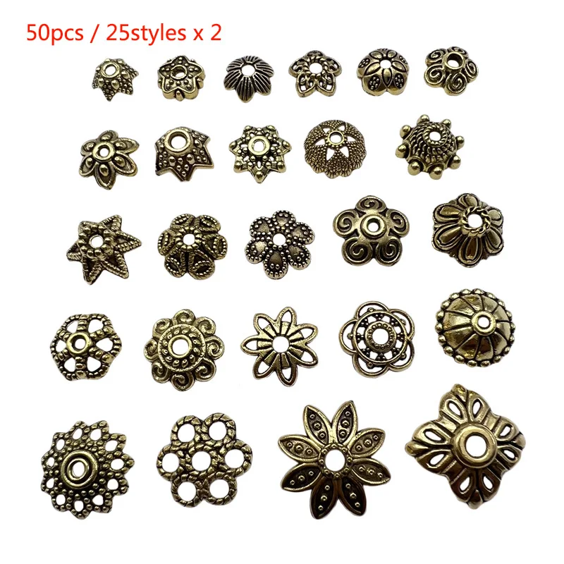 Tibetan Silver Gold 25 Styles Beaded Bracelet Necklace Spacer Cap Connector Jewelry Amulet DIY Making Alloy Accessories Gasket