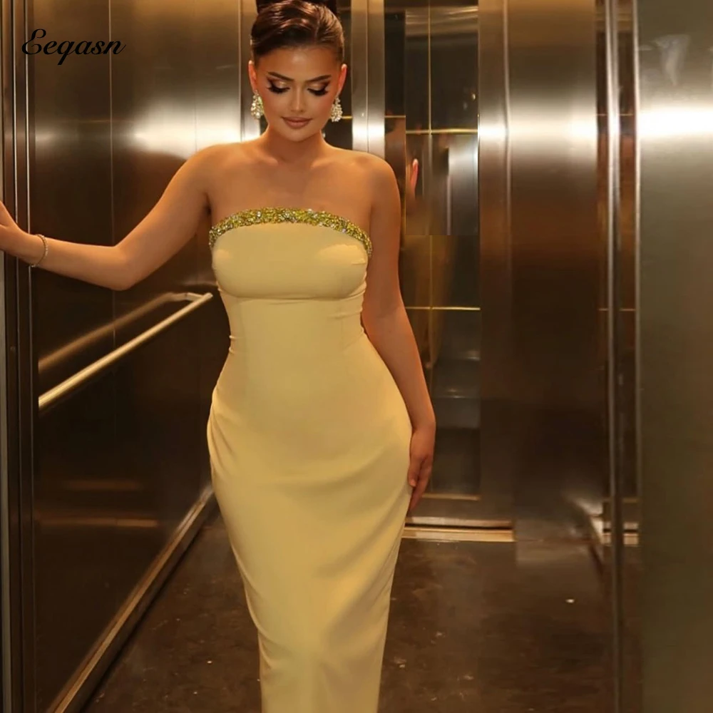 

Yellow Evening Dresses Long Sexy Backless Bead Strapless Prom Dress Mermaid Gown Elegant Woman Wedding Party Night Customized