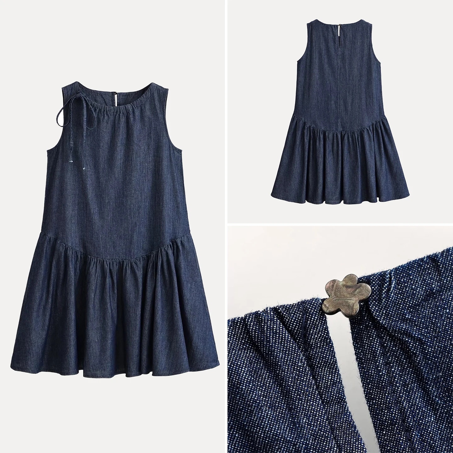 Fashionable Spring Women's Dress 2026 Drawstring Strapless Denim Gown Casual round Neck Zipper A-Line Skirt Loose Fit