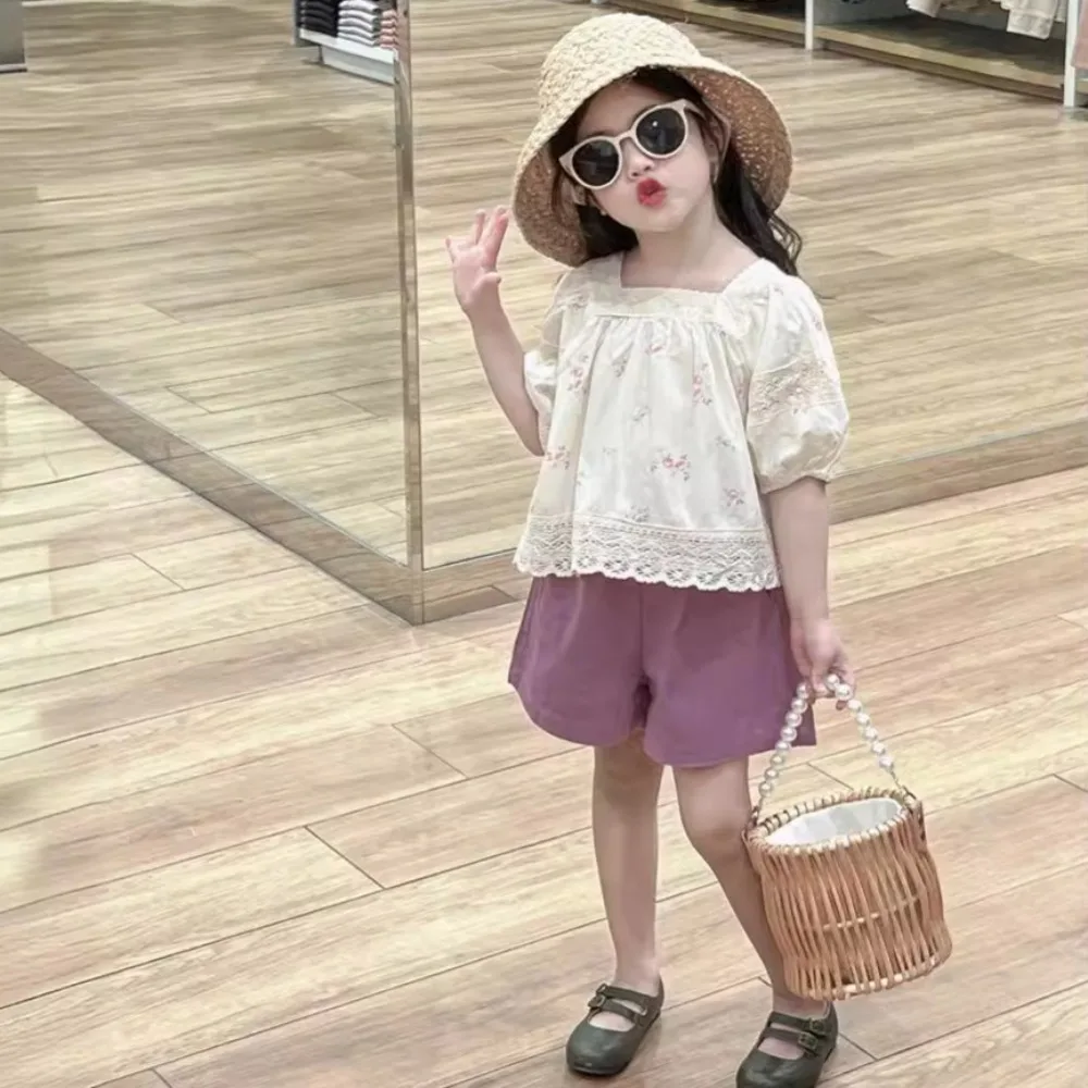 

Костюм для девочек, Новинка лета 2024 в Корейском стиле, однотонная женская рубашка, шорты, милый модный летний детский костюм из двух предметов