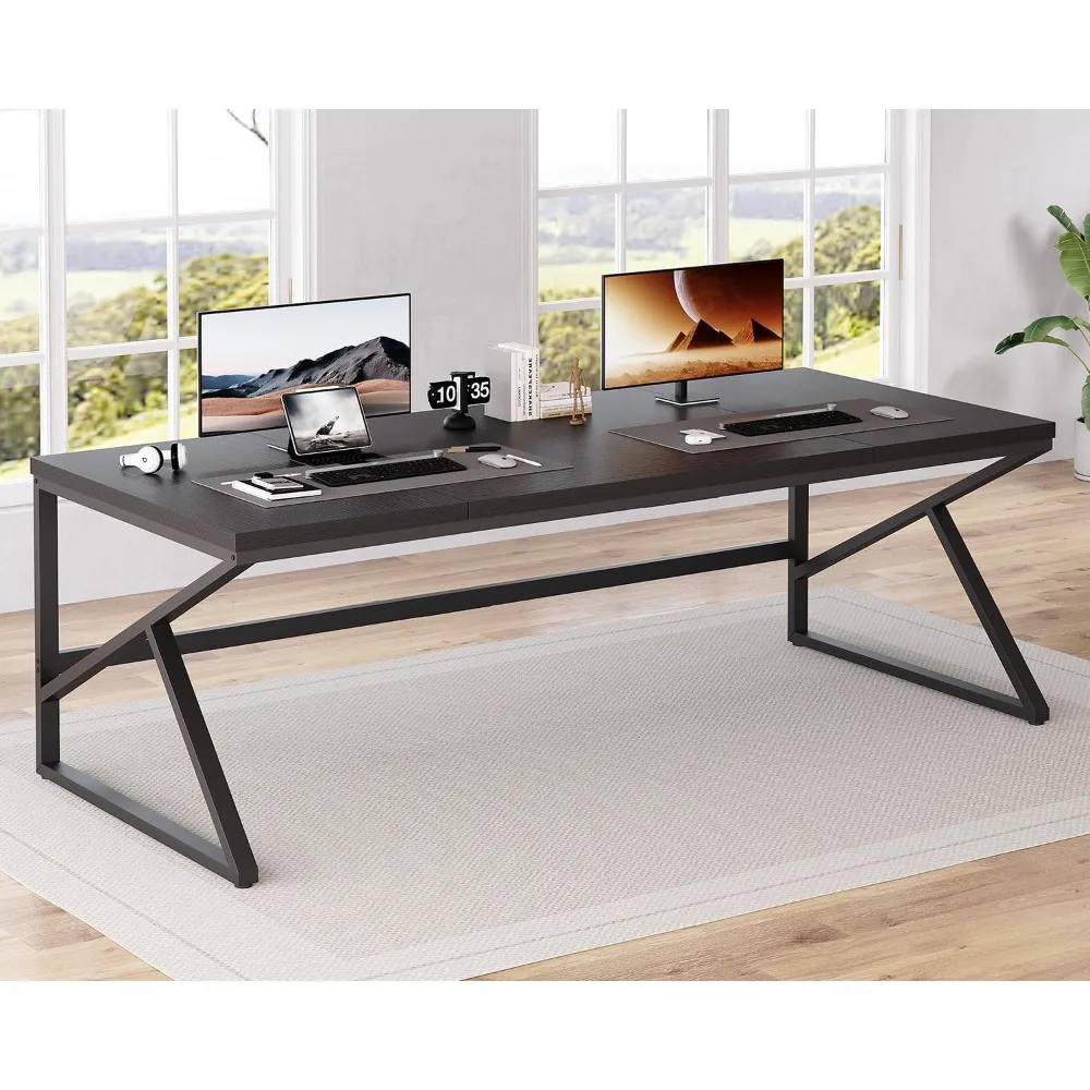 Extra Long Black Computer Desk, 78 inch Large Home Office 2 person Desk, Industrial Metal Wood double Desk for Executive Work