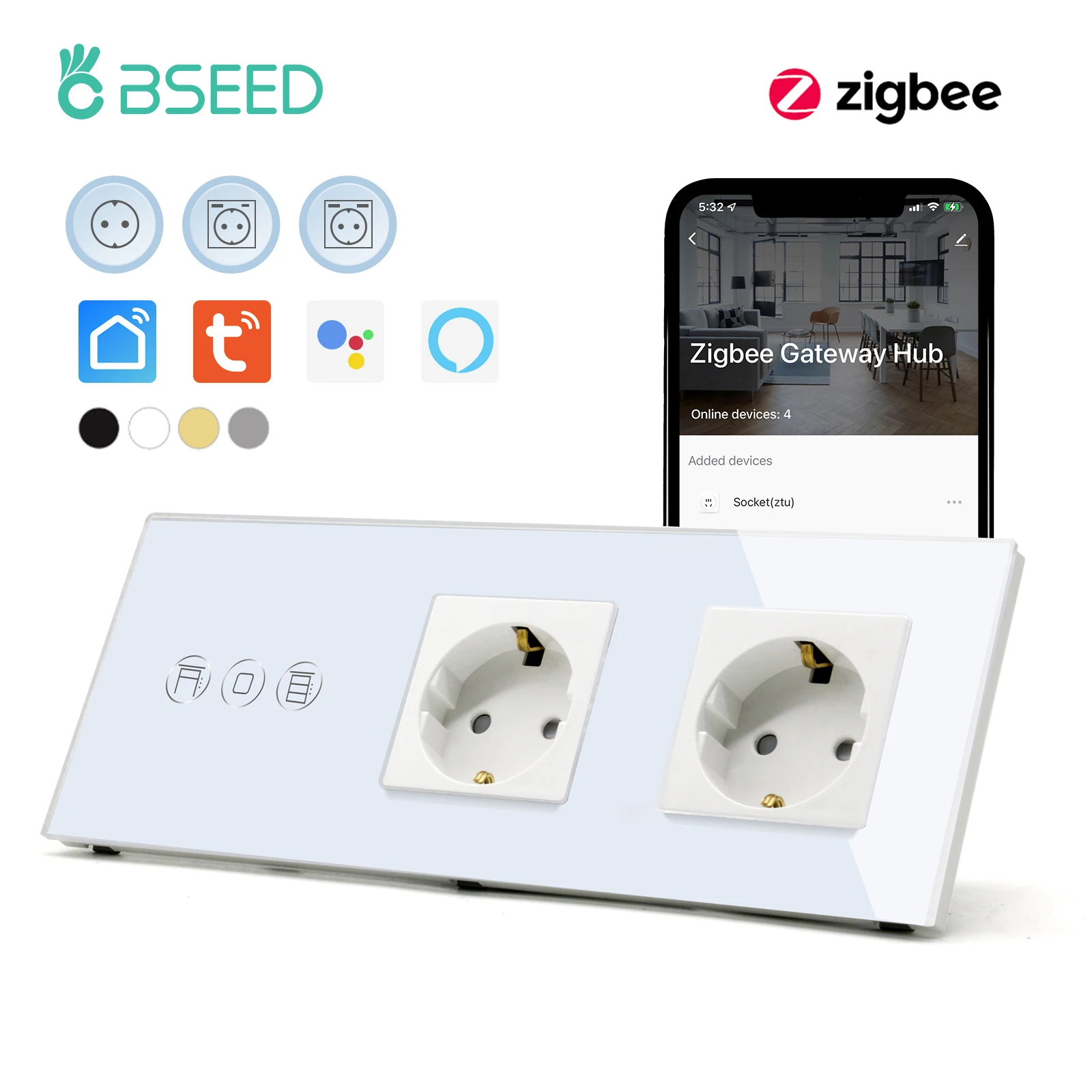 

BSEED Zigbee Touch Rolloer Shutter Switch Smart Blinds Switch Tuya Smart Life App With Double EU Wall Socket Type-c USB Ports