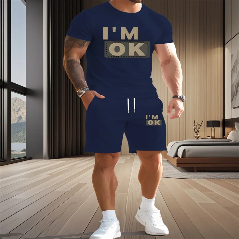 

Лето 2025 г., мужская быстросохнущая дышащая спортивная одежда, топ с короткими рукавами и шорты с круглым вырезом, комплект для улицы, повседневный повседневный комплект из двух предметов