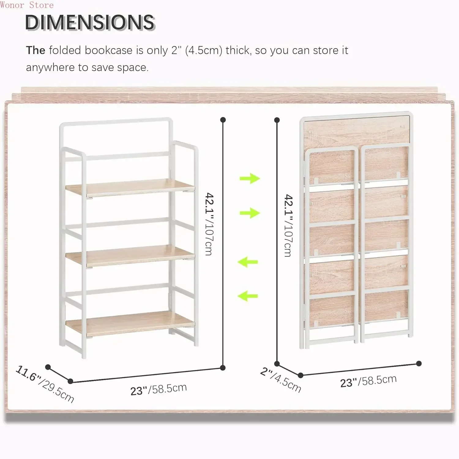 

No-Assembly 3 Tiers Folding Bookshelf Storage Shelves Vintage Bookcase Standing Racks Study Organizer Home Office