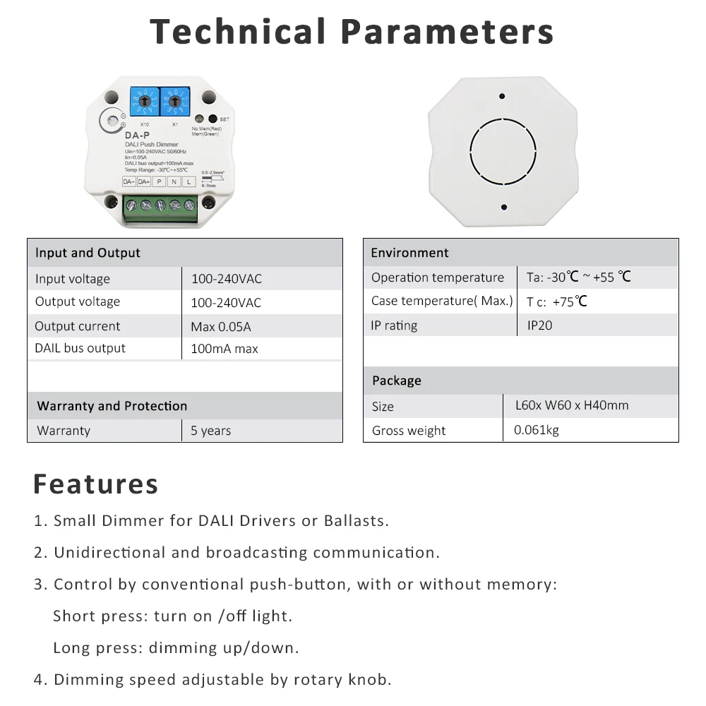 100V 110V 220V 230V 240V AC  Push Dimmer for DALI Driver or Ballasts Dim LED Controller Memory Function Address Speed Adjustable