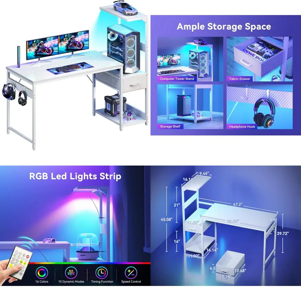 LED-Illuminated 48 Reversible Modern Gaming Desk with Storage and Fabric Drawers, featuring Display Shelves for Enhanced Compute