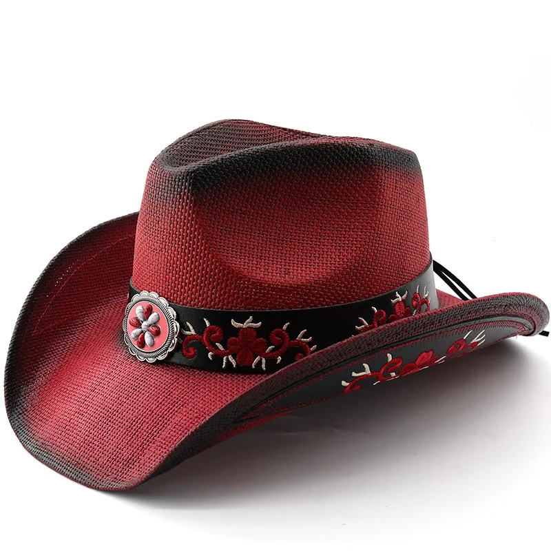 Black Red Spray Painted Denim For Men Women In Summer, Large Brimmed Sun Protection And Sunshade New Straw Woven Hats, Ethnic