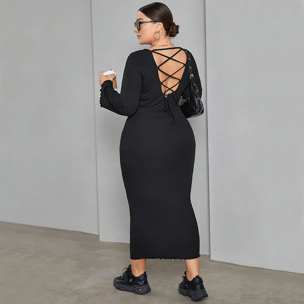 Plus Size Women Dresses 2023 Autumn Winter Fashion Knitted Sexy Backless Dress Casual Solid Color Long Sleeve Elegant Dresses