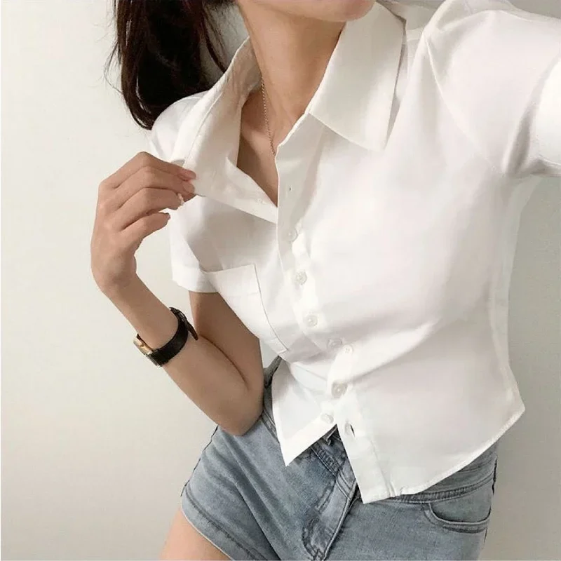 Blusas de mujer, camisas blancas básicas, Tops cortos de manga corta de estilo Preppy, ropa de oficina ajustada para mujer, moda coreana informal