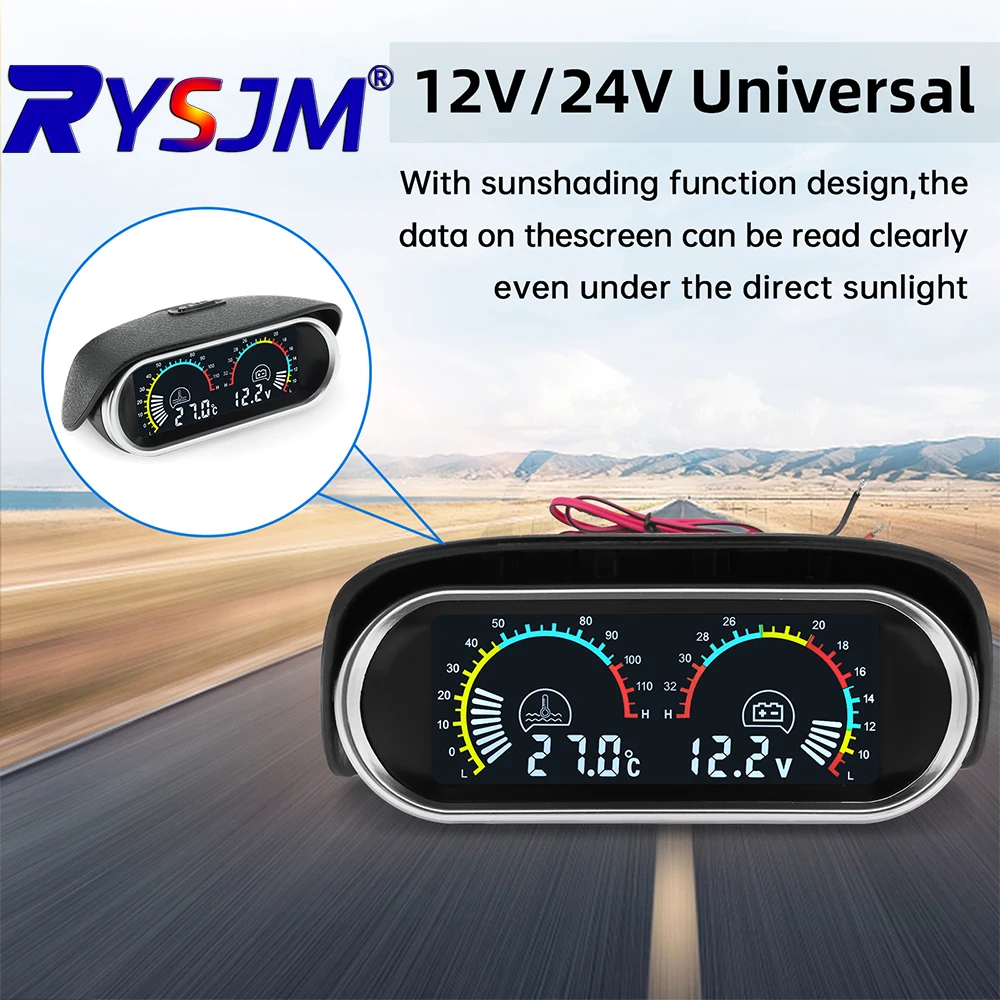 2 in 1 LCD Universal Car Horizontal Water Temp Gauge Temperature Voltage Voltmeter Gauge Digital Display With Sensor 10mm 12/24V
