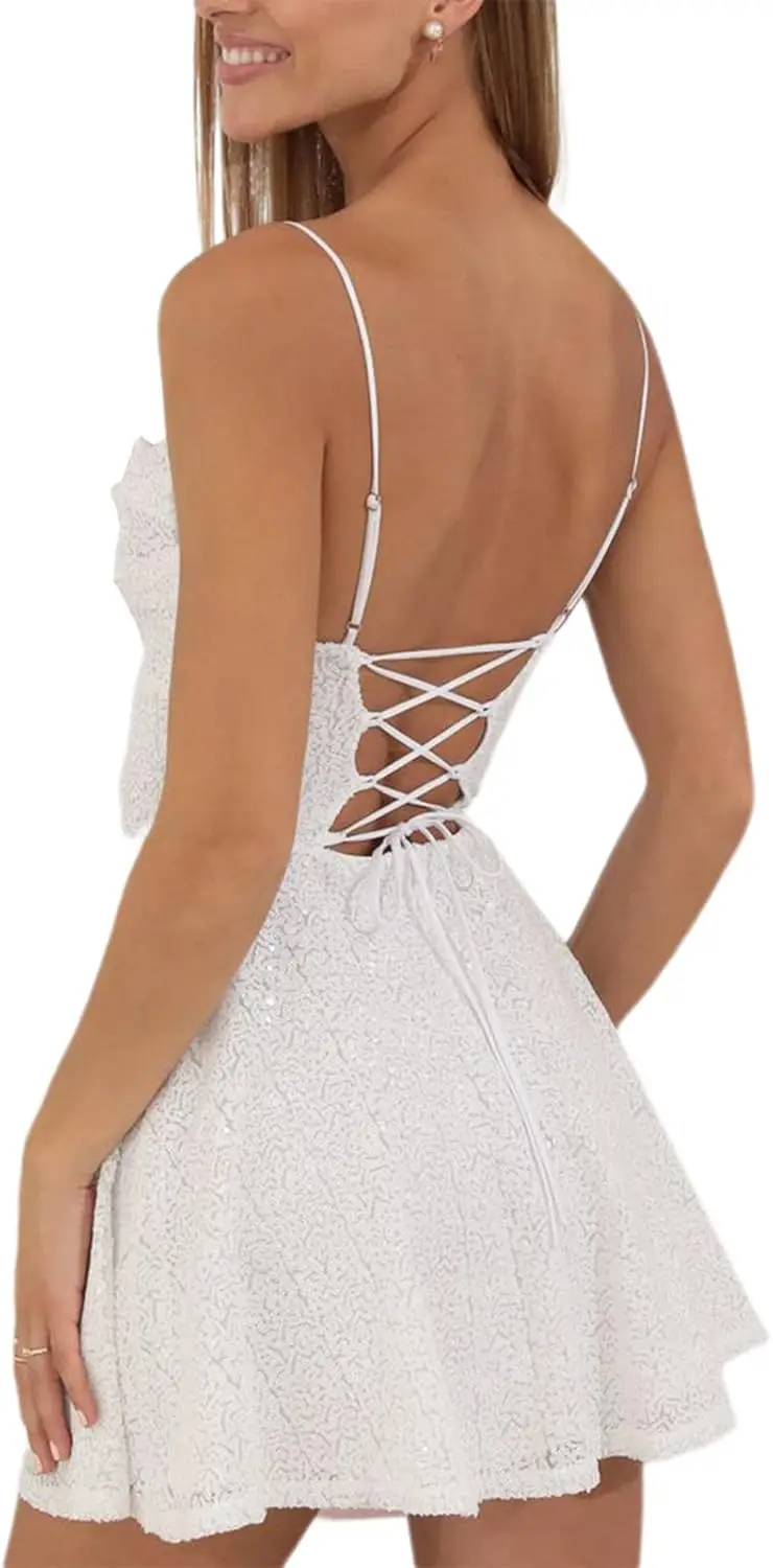 レディース スパンコールドレス セクシー バックレス スパゲッティストラップ カウルネック キラキラ グリッター ミニドレス カクテル ホームカミングパーティー 卒業式用