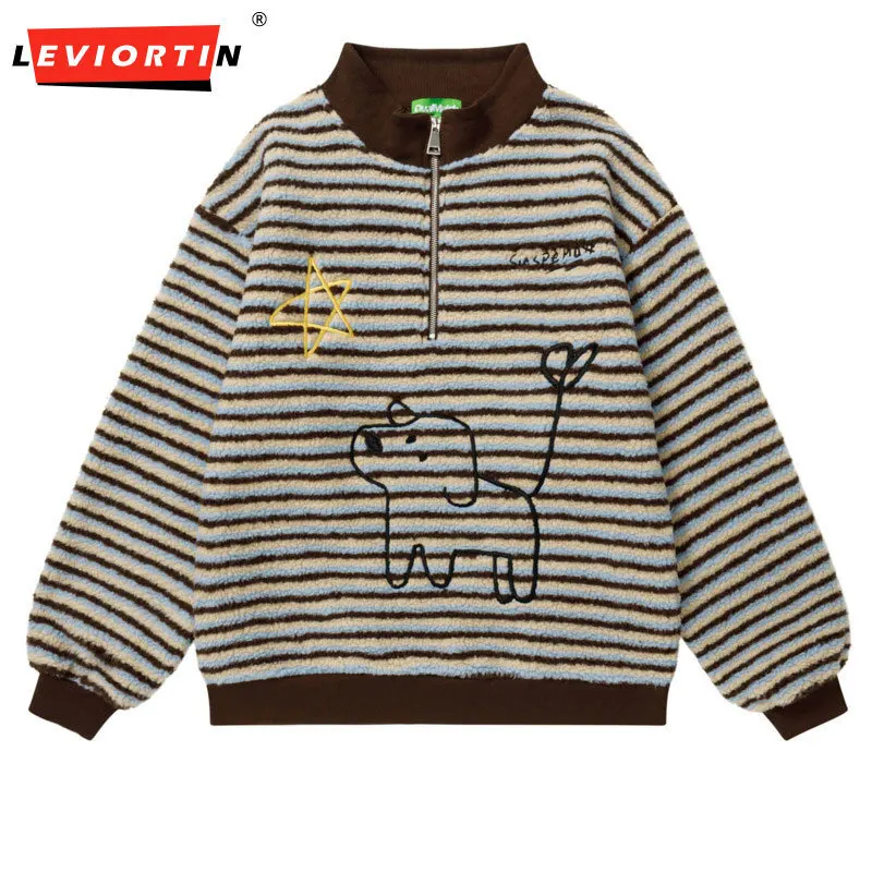 

Осень/зима 202, американская ретро-контрастная полосатая толстовка из флиса ягненка с половиной молнии для пар, свободное толстое пальто