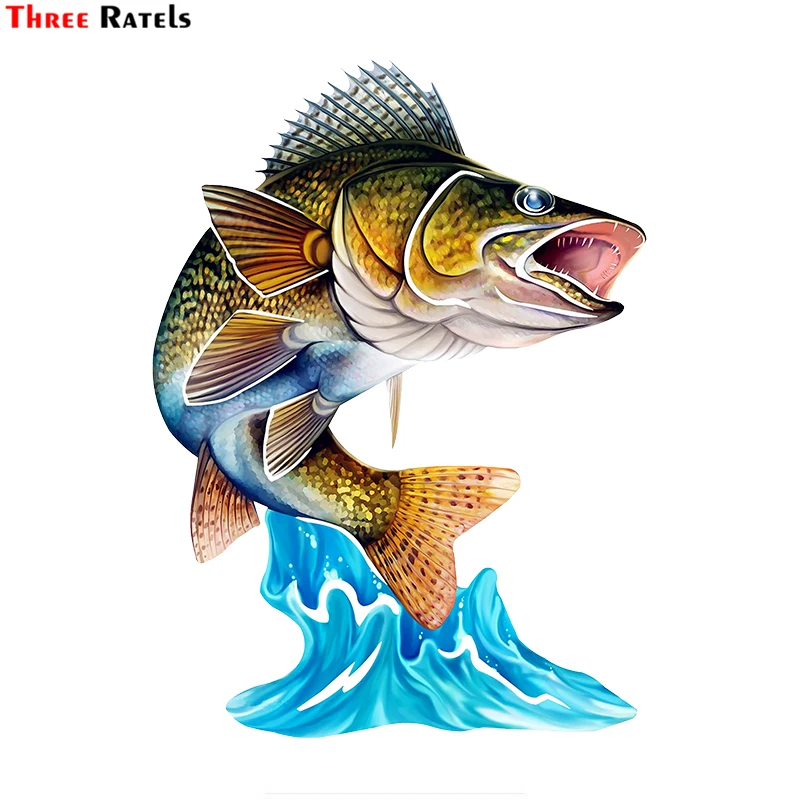 Three Ratels FC68 Cool Jumping Northern Pike Walleye 3D Fish Wall Art Stationery Sticker Decal For Car Bike Motorcycle Room