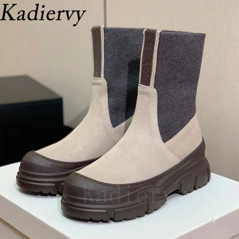 Thick Sole Motorcycle Boots Women Round Toe Slip-on String Bead Flat Platform Shoes Women Cow Suede Patchwork Short Boots Woman