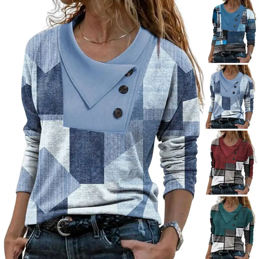 

Cross V Neck Long Sleeves Buttons Decor Women Blouse Spring Autumn Vintage Geometric Plaid Print Women T-shirt Camisetas Tops