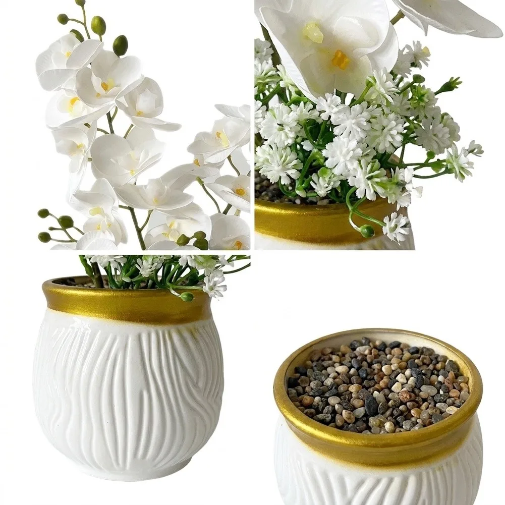 Finished Faux For Orchid Display in Ornamental Pot for Living Room Bedroom Office and Other Interior Table Locations