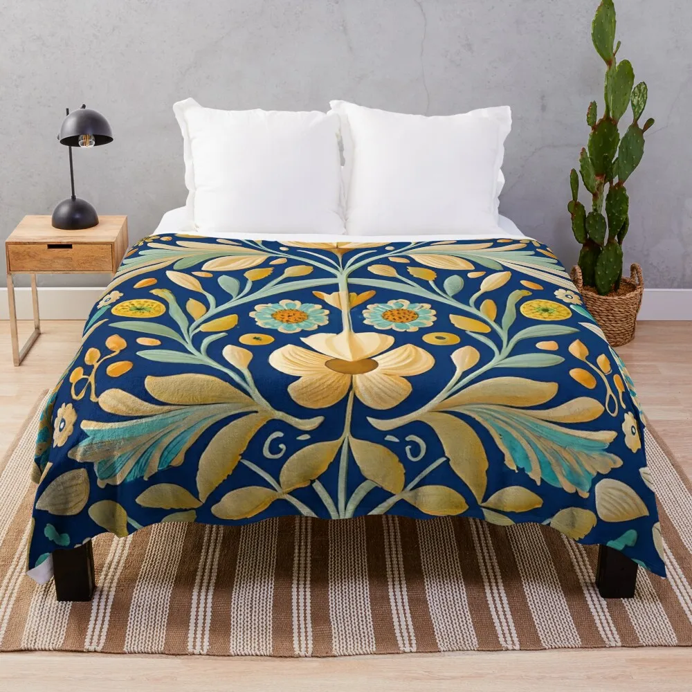 

William Morris Inspired Blue & Gold Spring Floral Throw Blanket Quilt Heavy Beautifuls Blankets