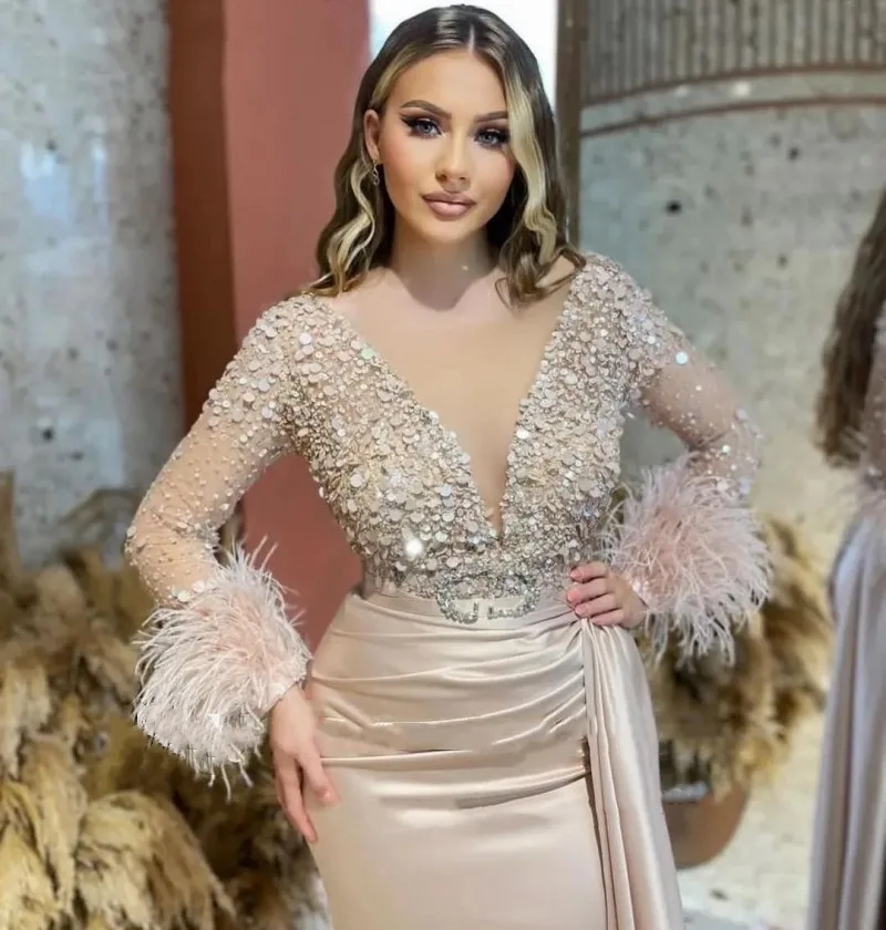 Luxury Beaded Feathers Prom Dresses Long Sleeves Trumpet Mermaid Champagne Satin Arabic Women Party Evening Gowns 2023