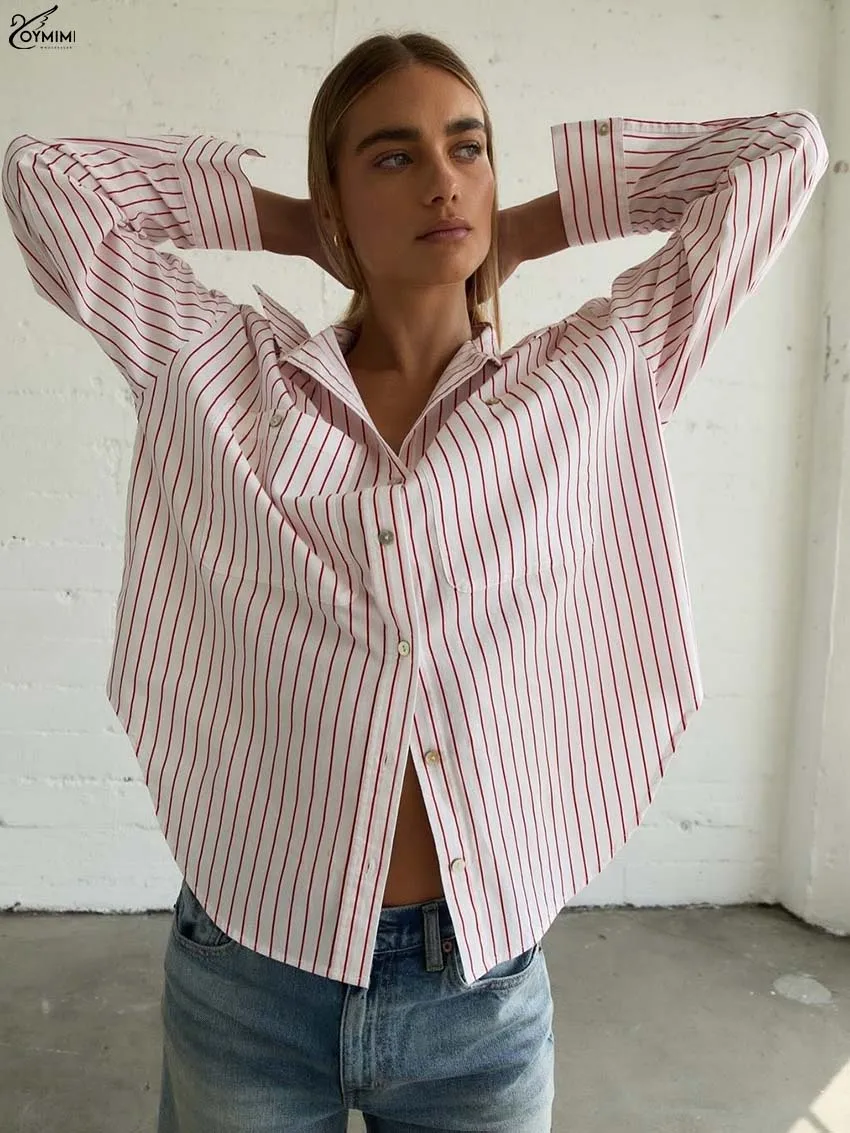 Oymimi Camicette da donna eleganti con stampa bianca Camicette a maniche lunghe con colletto rovesciato alla moda Camicia femminile monopetto casual autunnale