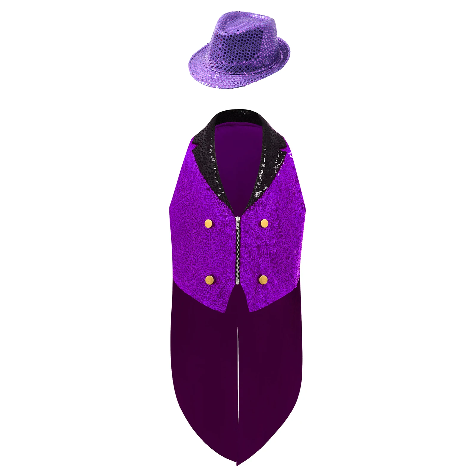 Children Shiny Sequin Jazz Dance Tailcoat Vest Carnival Party Circus Magician Show Outfit Lapel V Neck Waistcoat with Fedora Hat