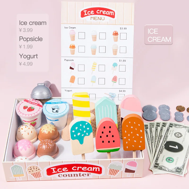 Children\'S Wooden Simulation Home Ice Cream Ice Cream Sales Shop Baby Role Play Simulation Store Educational Toys Girl Gifts