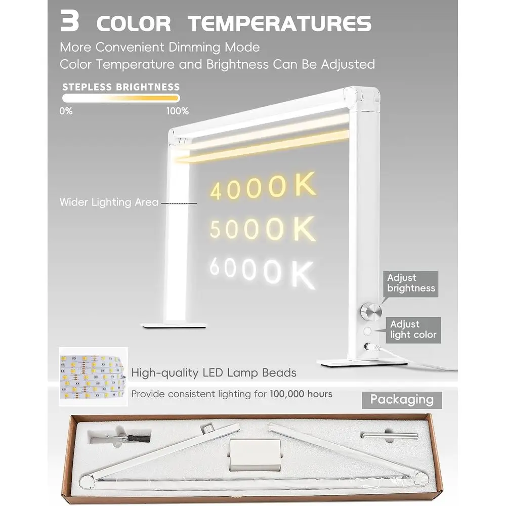 48W LED Desk Lamp, 33 Recessed Nail Tech Light, 3000-6000K Adjustable, White