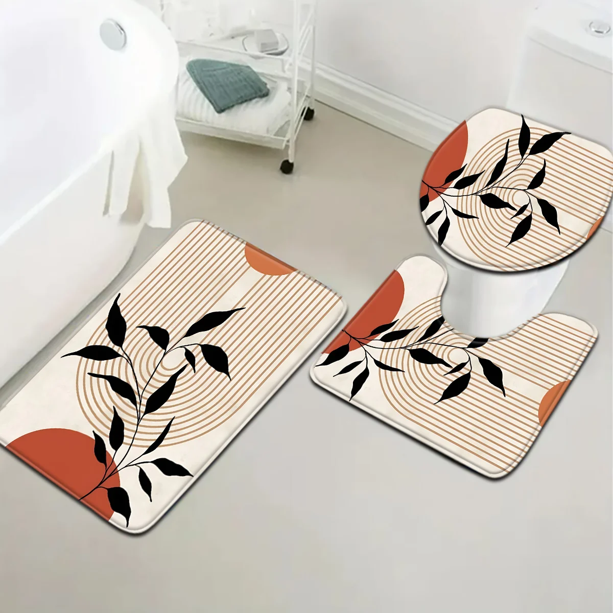 3 قطعة سلسلة الفن الحديث البرتقالي خط ورقة نمط الحمام حصيرة مجموعة غطاء مقعد المرحاض على شكل حرف U القدم أماه