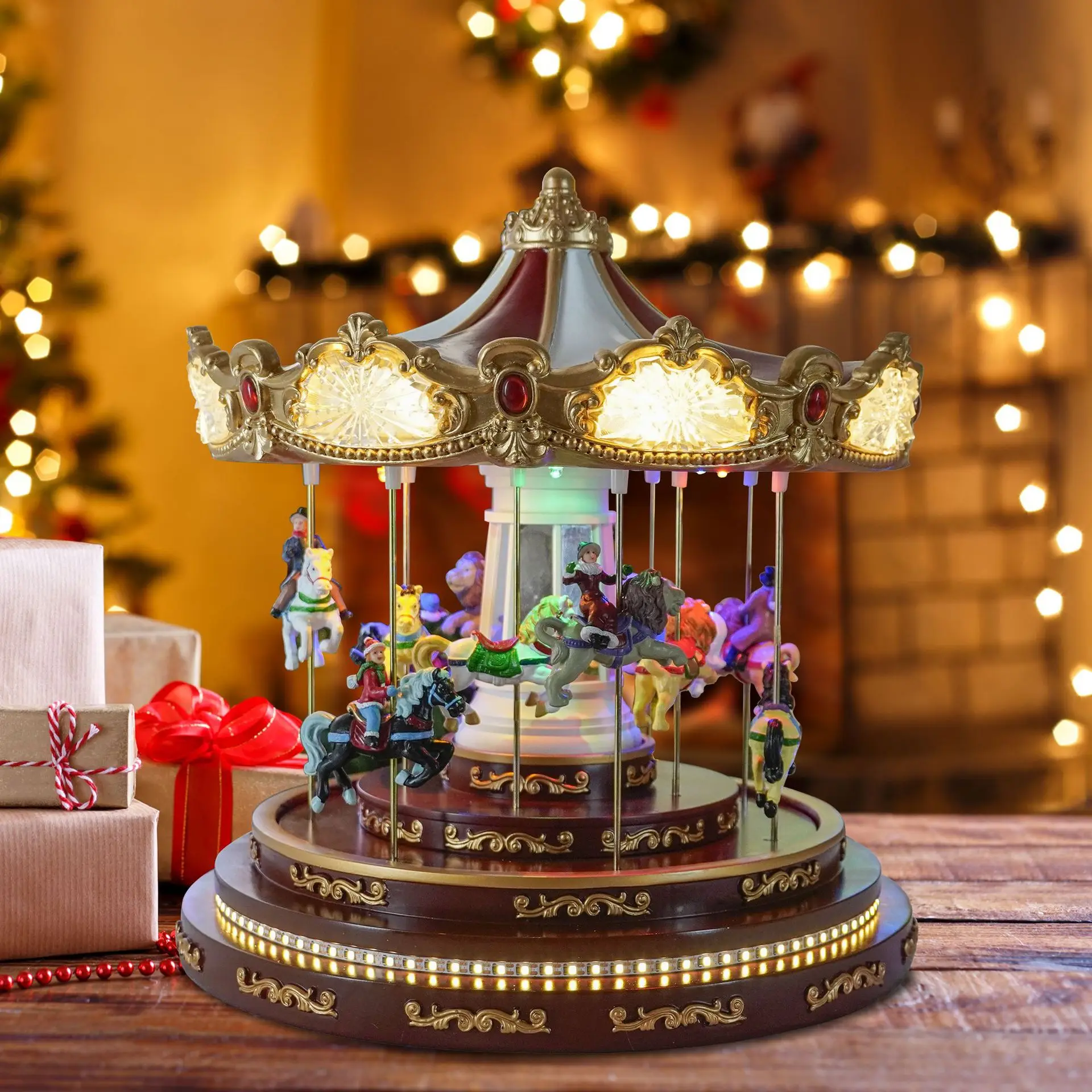 New Large Festival Decoration LED Classic Christmas Carousel Amusement Park Music Box Gifts Crafts Accessories