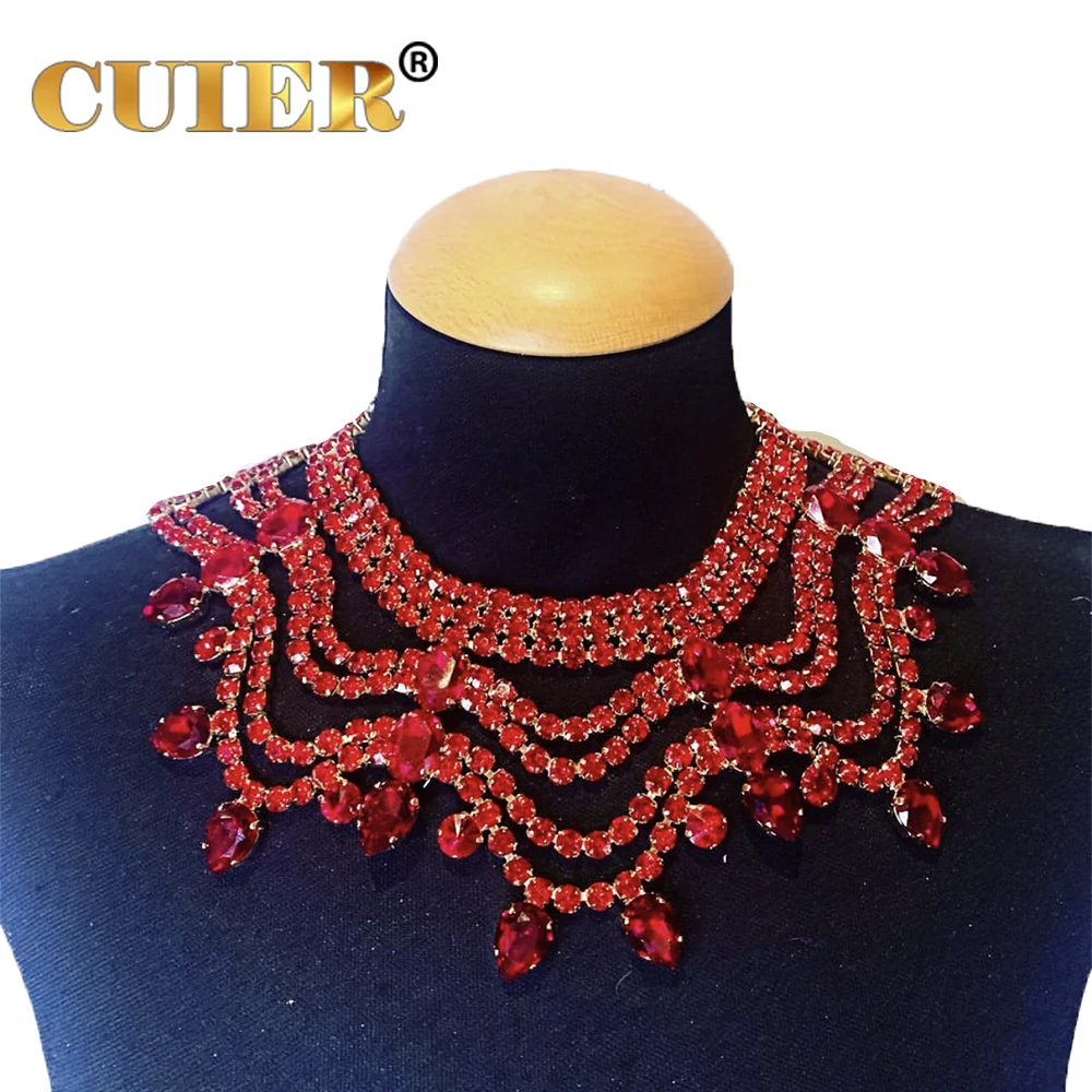 CUIER 3pcs/Set Elegant Wave Multi layered Necklace Red Color Women Big size Choker Jewelry Top Quality SS28 Full Glass