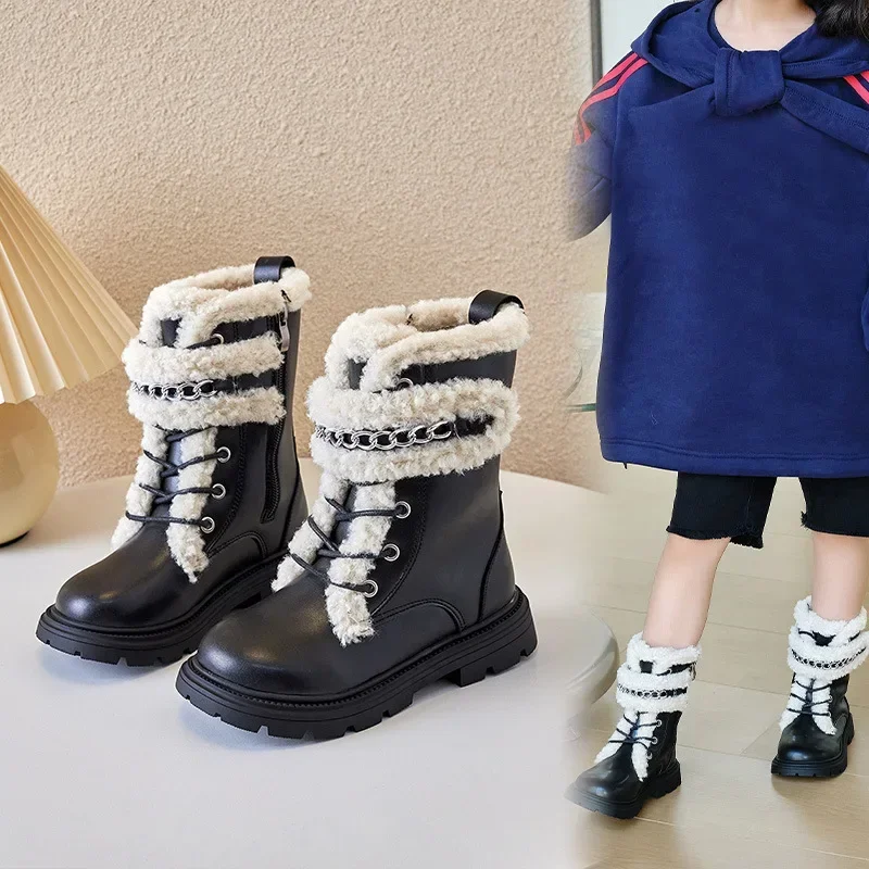 Winter Children's Boots Elegant Versatile Girls Long Boots Matte Leather Kids Fashion Causal Cotton Boots Thick Bottom Plush