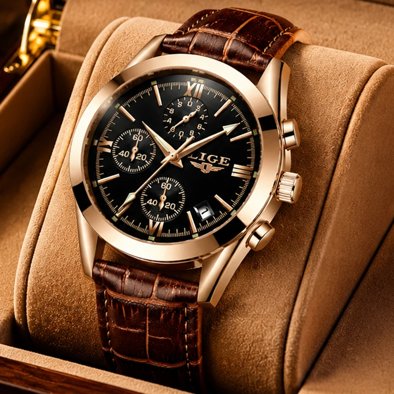 LIGE Classic Men's Watch Luxury Business Waterproof Leather Watch Men Business Sport Chronograph Quartz Wristwatch Gift For Men