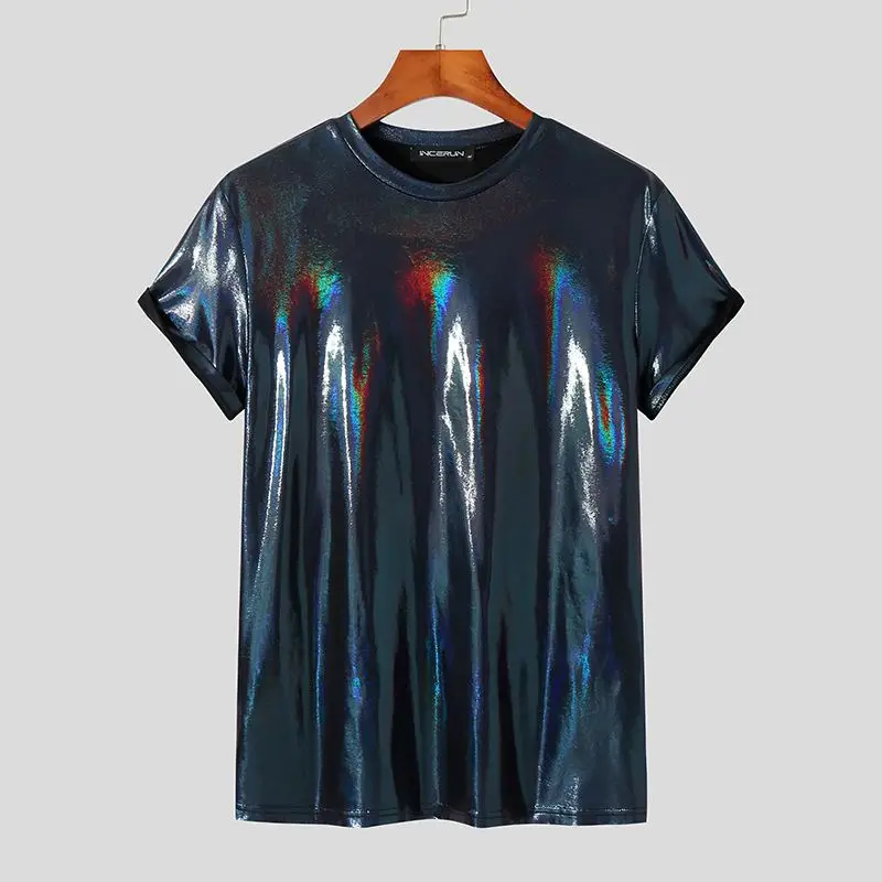 INCERUN Männer T Shirt Oansatz Shiny Kurzarm Party Camisetas Fitness 2023 Streetwear Stretch Mode Casual Männer Kleidung 5XL 7