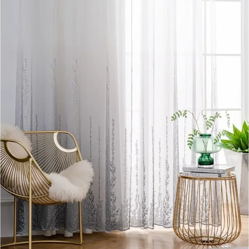 Scandinavian Style Gauze White Curtains Simple Embroidery Living Room Curtains New European Embroidery Bedroom Thin