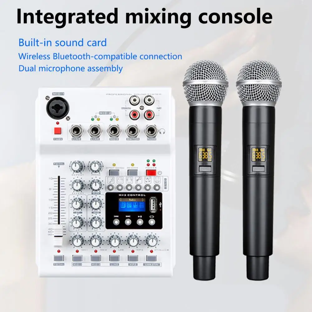 

Console Mixer Integrated Live Sound Audio Soundcard DJ Mixing Console with UHF Wireless Microphone for Karaoke Wireless Connecti