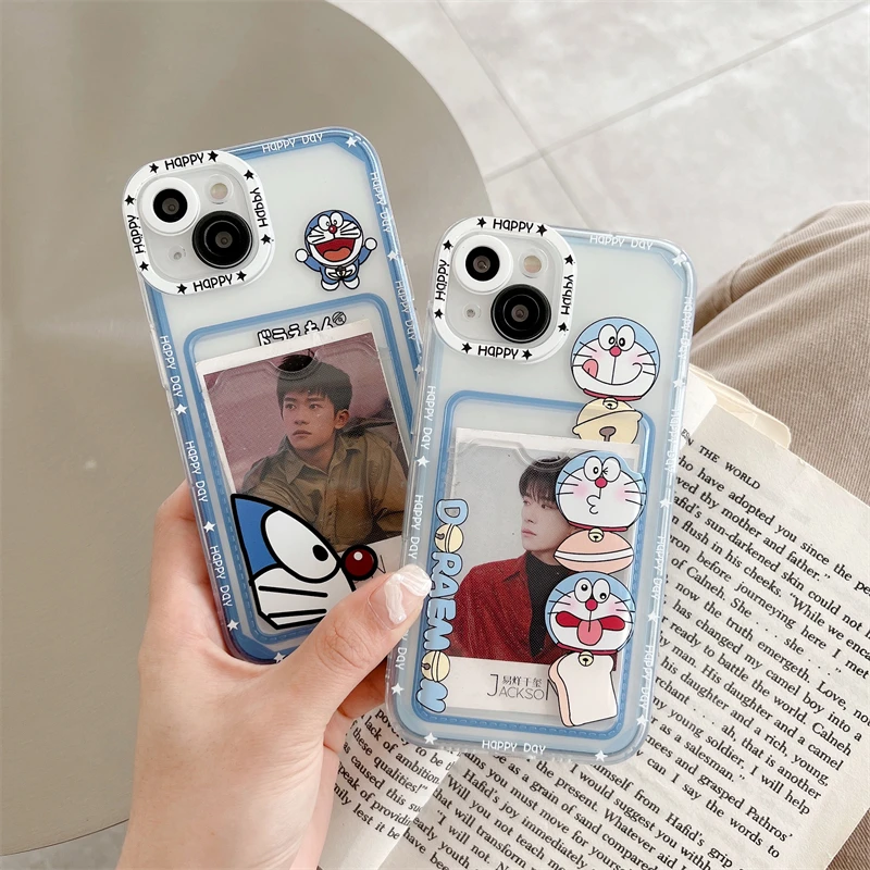 Cartoon Doraemon Soft Silicone Case for iPhone 15 14 13 12 11 Pro Max Mini XR XS X 8 7 Plus SE 2020 Silm Card Holder Back Cover