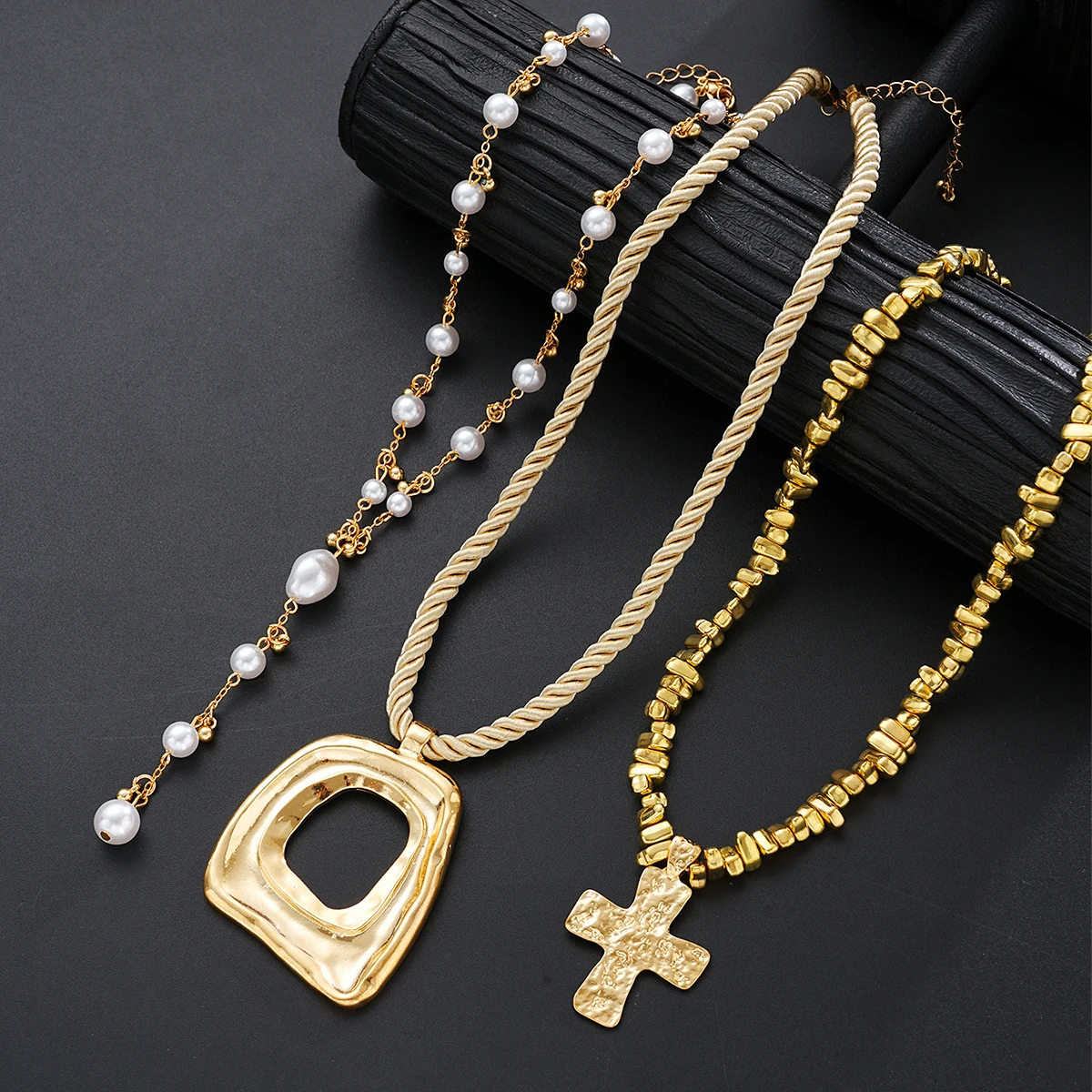 3 قطع مبالغ فيها غير النظامية الصليب قلادة قلادة مجموعة للنساء الأوروبية والأمريكية خمر حبات اللؤلؤ قلادة حزب مجوهرات #2