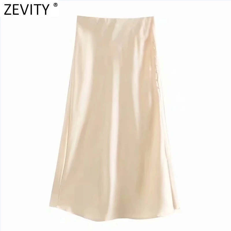 Zevity 2021 elegante feminino estilo francês doce cor dividir cetim uma linha saia faldas mujer feminino casual verão midi saias qun810