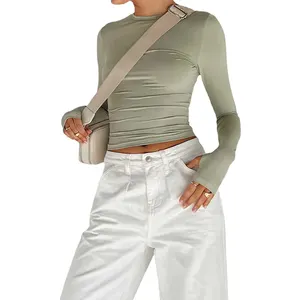 Camisetas de manga longa para mulheres, slim fit, pulôveres casuais, camisetas femininas básicas com buracos no polegar, streetwear, primavera e outono, Y2K 8 principais vendas blusa com furo manga - №4