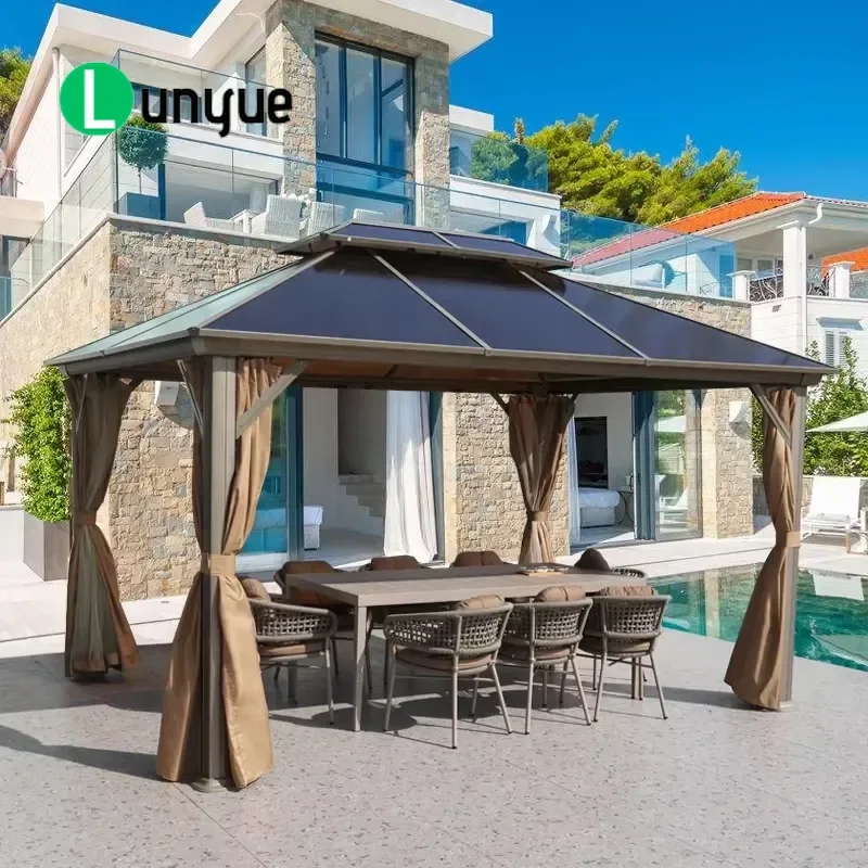 300x400CM Aluminum Gazebo with Polycarbonate Roof and Curtains Outdoor Garden Pavilion Waterproof Sunshade