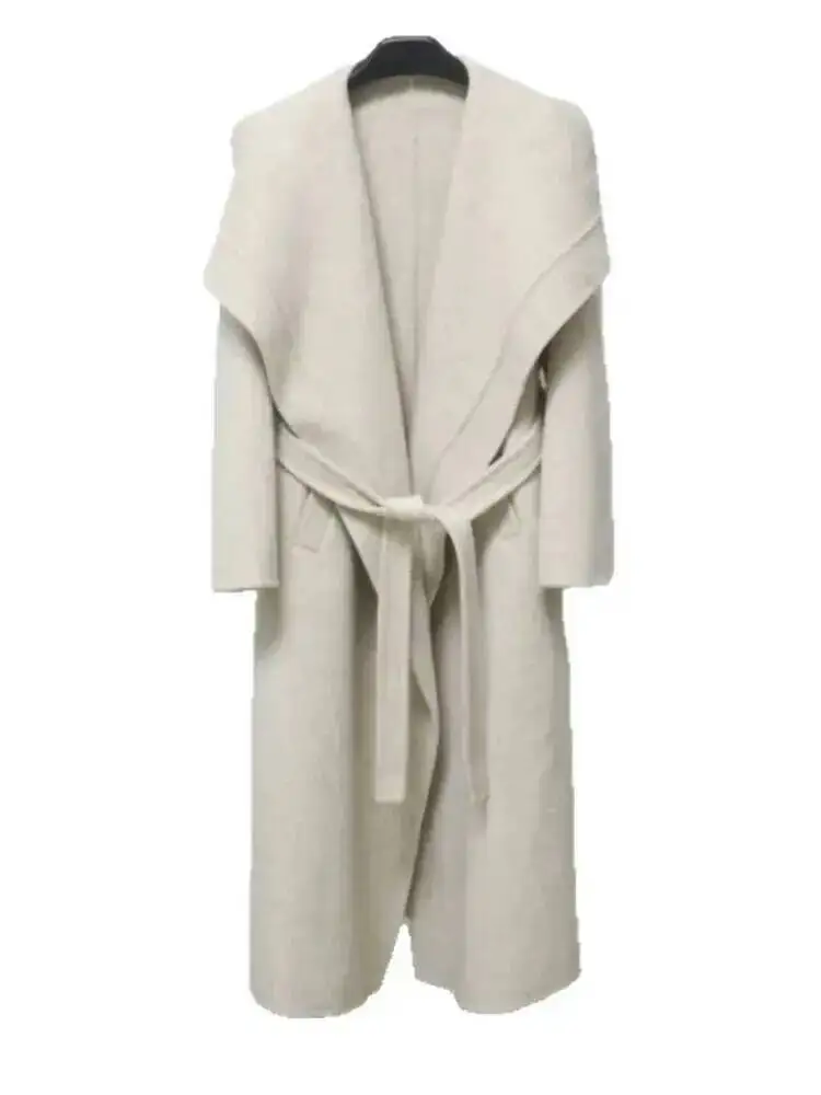 Casual Double Side Wool Coat Female Solid Color Turn Down Collar Patchwork Lace Up Long Coats 2026 Autumn New 23Z2D4X