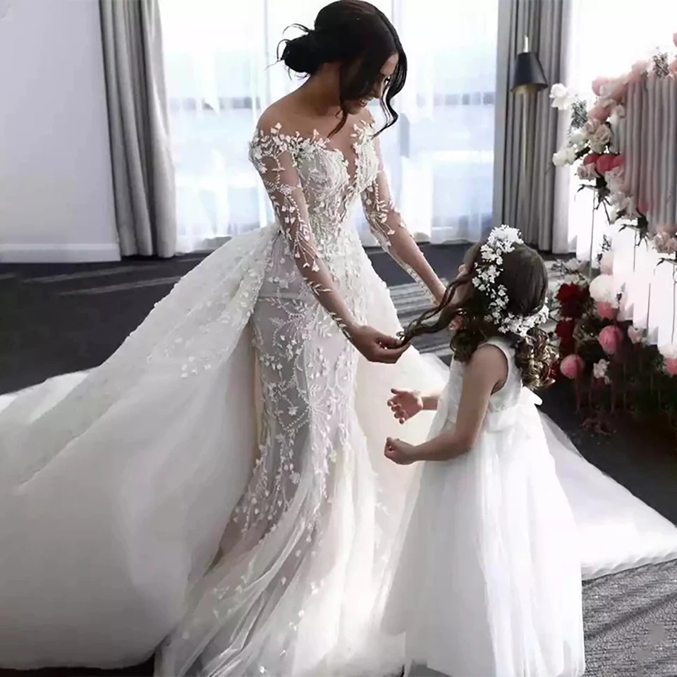 Customized Luxury Mermaid 2 In 1 Detachable Train Wedding Dresses 2026 Long Sleeves Lace Applique Bride Gowns Vestido De Novia