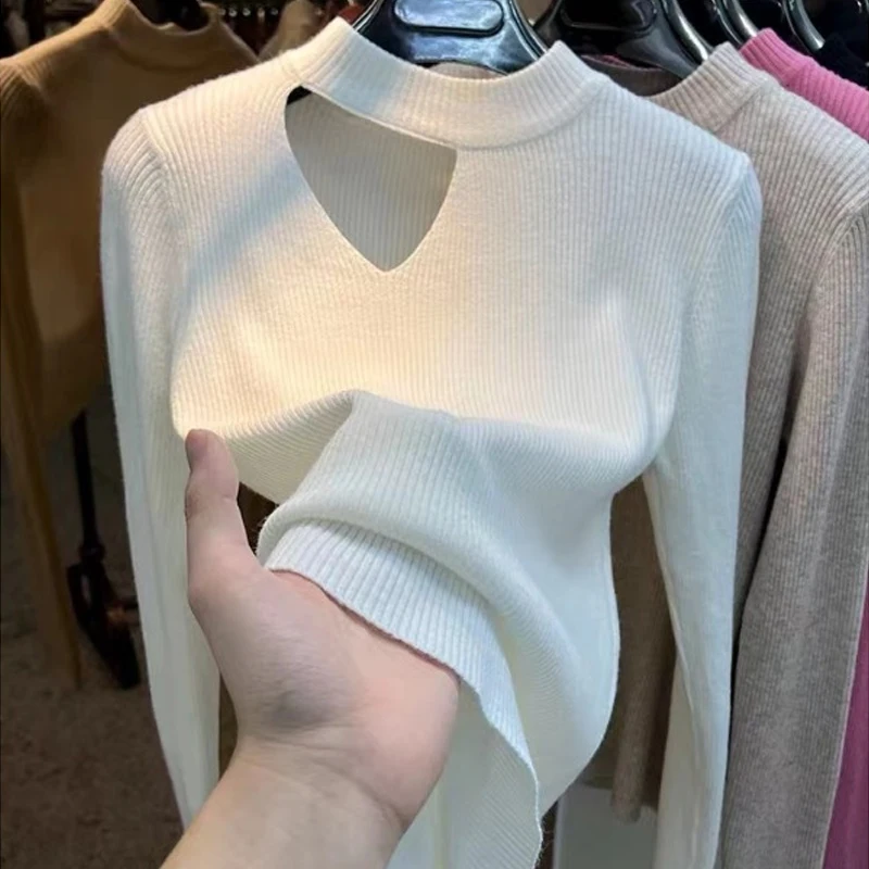 

Half High Collar Long Sleeve Pullover Fashion Hollow Out Sweater Autumn Winter Knitted Solid Color Slim Fit Tops Clothes 29136