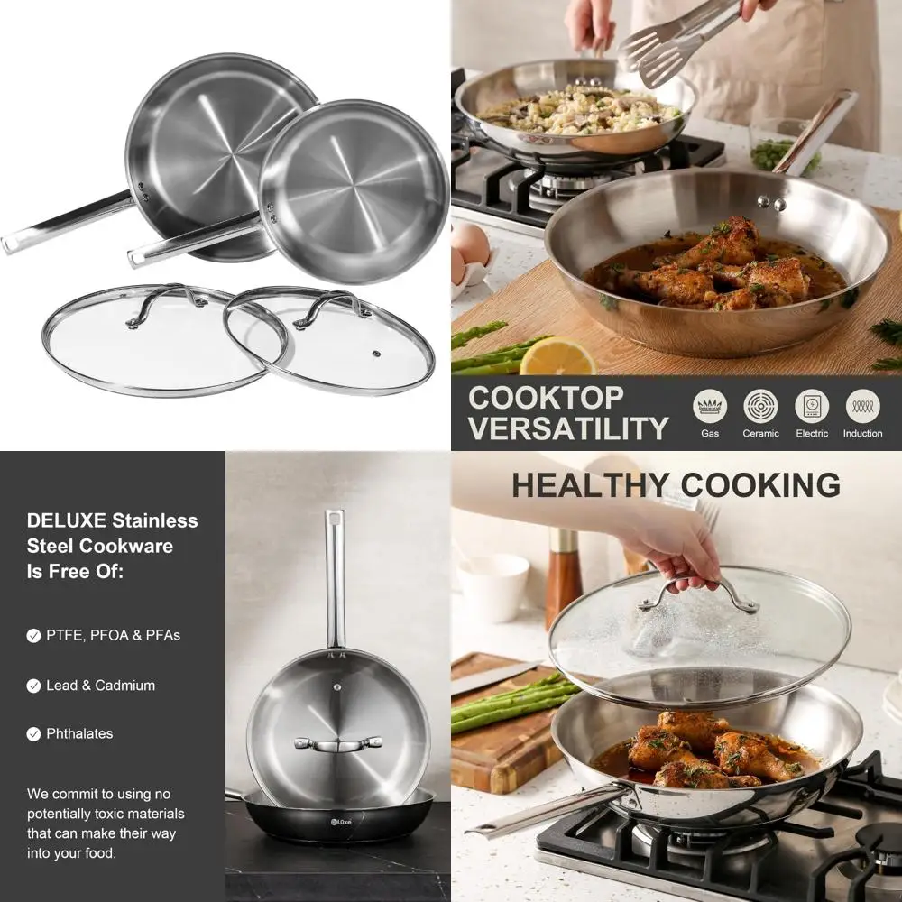 

Stainless Steel Frying Pan Set - 4-Piece with Lids and Cool Handles, 10 and 12 Inch Skillets, PFOA-Free, Suitable for American K