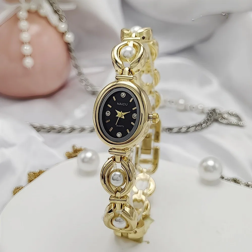 Vintage Oval Dial Women's Watch Pearl Decoration Analog Display Quartz Watch Small Wristwatch For Students Girls