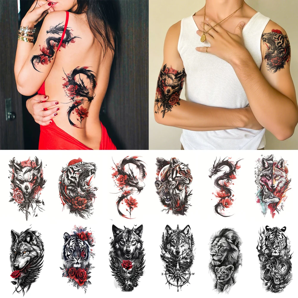 

12pcs Waterproof Temporary Tattoo Sticker Wolf Tiger Dragon Lion Rose Flower Body Art Arm Back Leg Fake Tattoos Sleeve Women Men