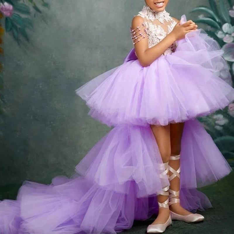 

Purple High Low Flower Girls Dresses High Collar Beading Lace Appliques Layered Tulle Kids Birthday Party Skirts