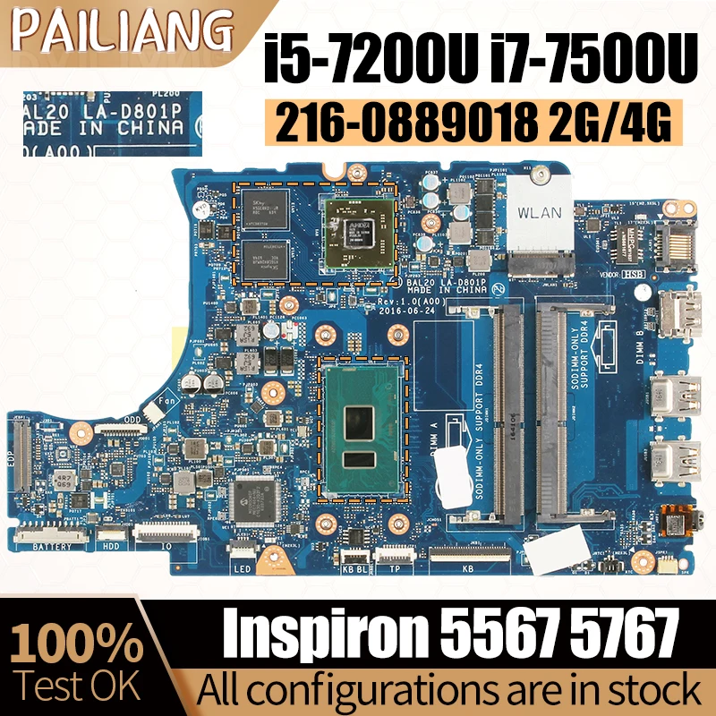 Placa-mãe portátil para Dell Inspiron, LA-E801P, 2G, 4G, 5567, 5767, Notebook Mainboard, BAL20, LA-D801P, i5-7200U, i7-7500U, 216-0889018